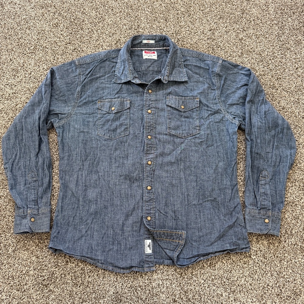 Wrangler Indigo Pearl Snap Denim Shirt Men's Size XL Long Sleeve Western Ranch